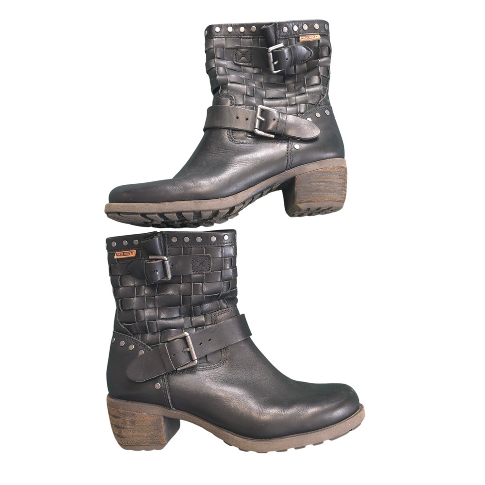 Pikolinos Womens Black Woven Leather Studded Moto Boots 39 US 8.5 Made in Spain